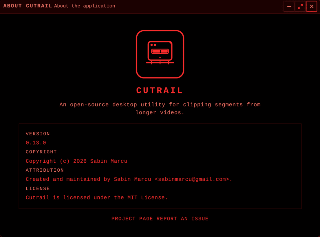 Fereastra Despre identifică Cutrail ca o unealtă desktop open-source pentru decuparea videoclipurilor mai lungi.