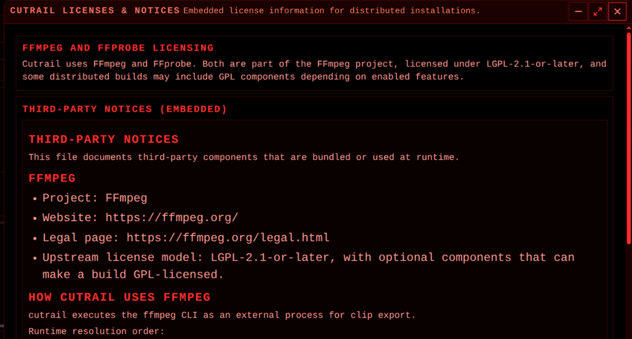 Fereastra Licențe și mențiuni include licențierea FFmpeg și FFprobe și mențiunile privind aplicații terțe.