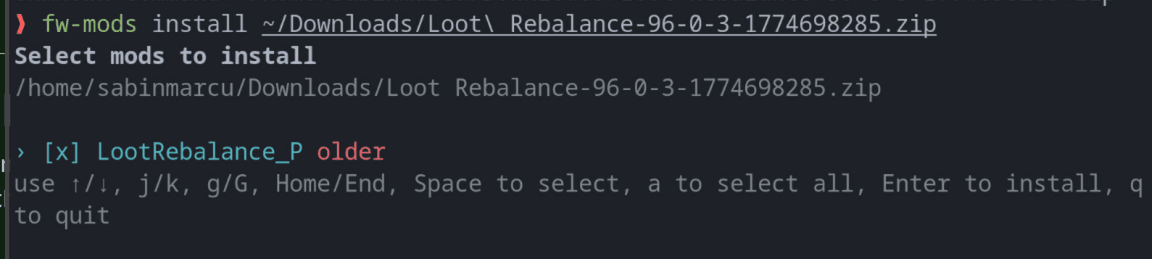 Selectorul de arhivă prezintă un mod LootRebalance mai vechi ca fiind selectat pentru instalare.